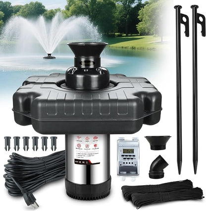 Goldlife Pond Fountain Aerator, F3 No Light, 1HP 750W 110V Stainless Steel Floating Fountain With 100 FT Power Cord, Black Octagon Aerating Fountain Pump for Small Large Ponds Lake Bay Fish farm