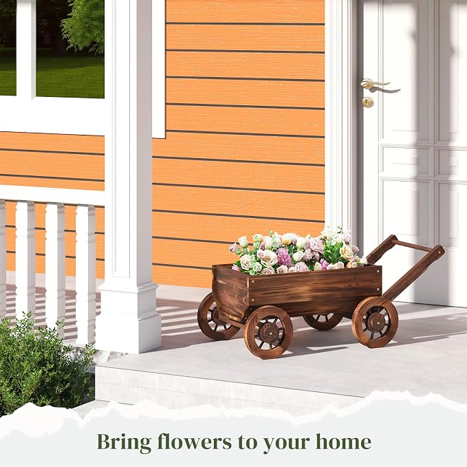 Wooden Wagon Garden Planter Cart with Wheels Rustic Flower Pot – Indoor Outdoor Patio Backyard Balcony Decor for Flowers and Plants(Large)