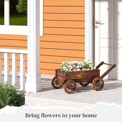 Wooden Wagon Garden Planter Cart with Wheels Rustic Flower Pot – Indoor Outdoor Patio Backyard Balcony Decor for Flowers and Plants(Large)