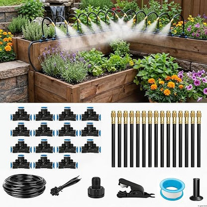 50FT Drip Irrigation Kit for Garden Beds, Greenhouse & Potted Plants – Adjustable Micro Watering System with 1/4" Distribution Tubing, Emitters, Connectors & Stakes