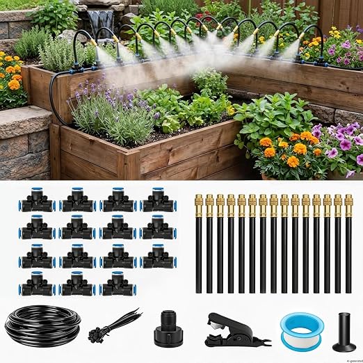 50FT Drip Irrigation Kit for Garden Beds, Greenhouse & Potted Plants – Adjustable Micro Watering System with 1/4" Distribution Tubing, Emitters, Connectors & Stakes