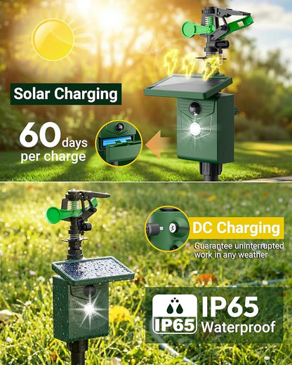 Motion-Activated Sprinkler, Solar Animal Repellent Outdoor - Deer Cat Deterrent with Motion Sensor & Flashing Lights, Protects Yard & Garden from Deer, Cats, Raccoons (2, Green)