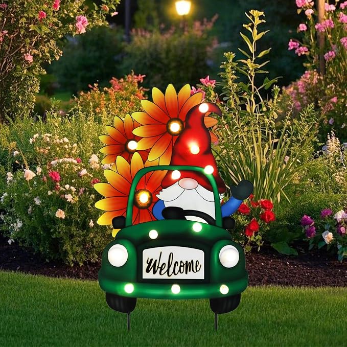 WONDER GARDEN Sunflower Yard Sign Decoration, 22.4" Metal Gnome Truck with LED Lighted, Outdoor Summer Garden Welcome Sign Stake, Outdoor Spring Truck Yard Decoration, Gift for Mom