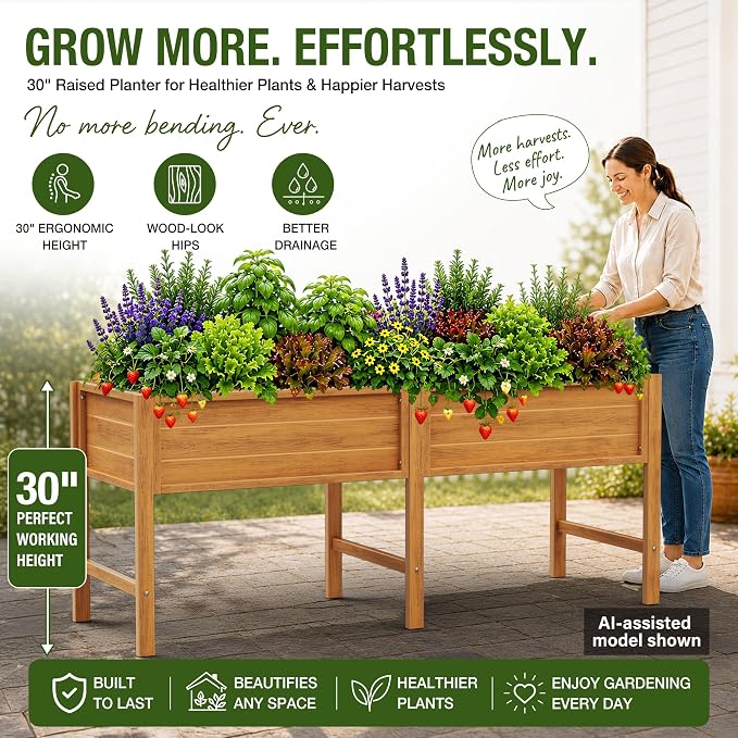YEFU 72" Large Raised Garden Bed, Wood-Look HIPS 6ft Extra Large Bed, Teak | Extra Large Garden Bed for Backyard Growing, 6ft Design, Wood-Look HIPS, Drainage, 770 lbs High Capacity Support