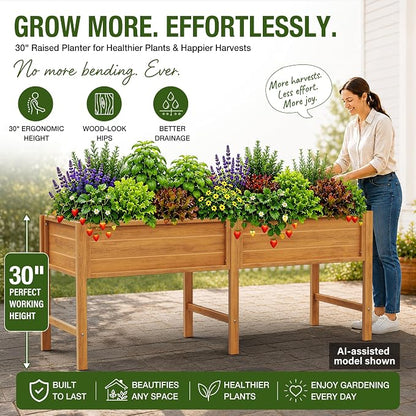 YEFU 72" Large Raised Garden Bed, Wood-Look HIPS 6ft Extra Large Bed, Teak | Extra Large Garden Bed for Backyard Growing, 6ft Design, Wood-Look HIPS, Drainage, 770 lbs High Capacity Support