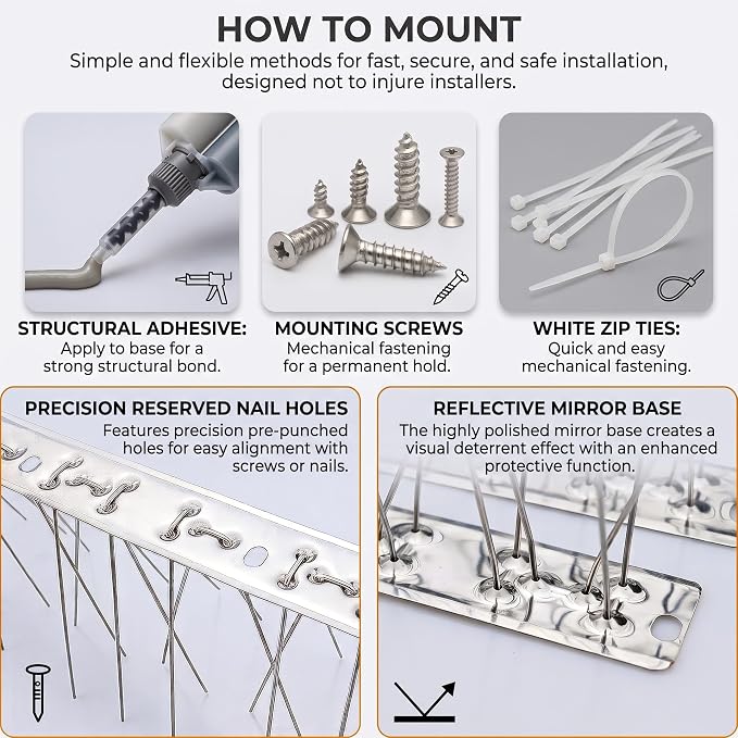 Stainless Steel Bird Spikes, Cover8.2 ft (10 Strips Uninstalled) | 304 Stainless, Metal Bird Spikes Fence Spikes, Pigeon & Small Bird Deterrent for Outdoor Bird Control
