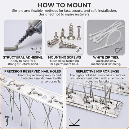 Stainless Steel Bird Spikes, Cover8.2 ft (10 Strips Uninstalled) | 304 Stainless, Metal Bird Spikes Fence Spikes, Pigeon & Small Bird Deterrent for Outdoor Bird Control