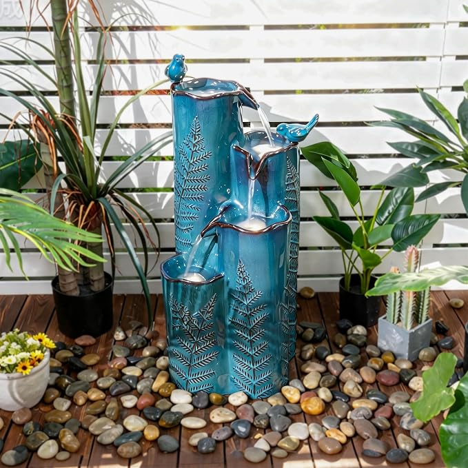 Autodaya 32" H 4-Tier Vase Ceramic Outdoor Water Fountain with LED Lights | Cascading Waterfall with Turquoise Glaze, Fern Pattern-Texture, Upgraded Pump, Bird Water Feature for Garden Patio Yard Porch
