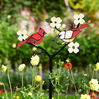 Cardinal Garden Stakes Bird Decor | For Gardens Patios Gravesides 1mm Hardened Steel Rustproof Easy Assembly