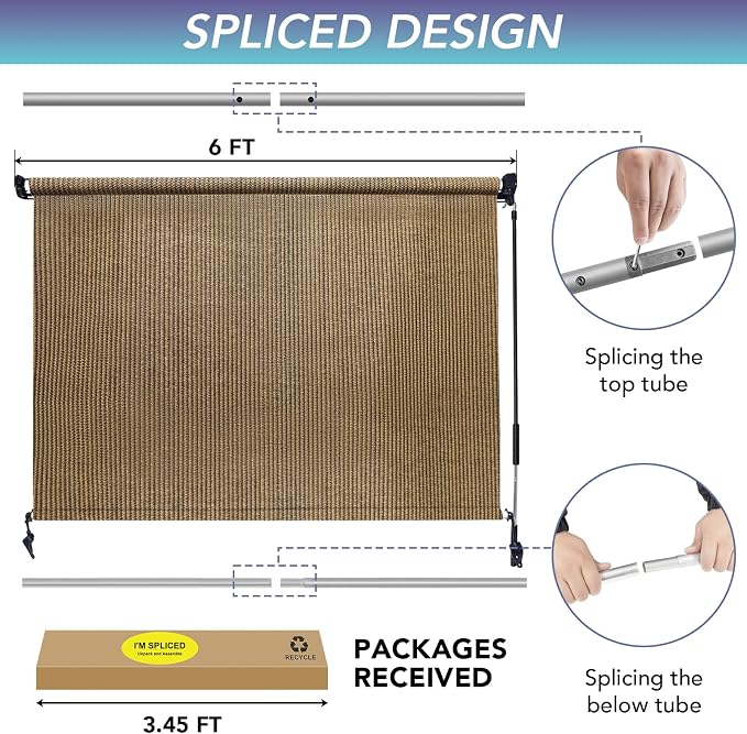 KANAGAWA Outdoor Roller Shade 6'X6' Walnut Exterior Cordless Patio Roll Up Shades for Outside Pergola Porch, Outdoor Blinds for Patio