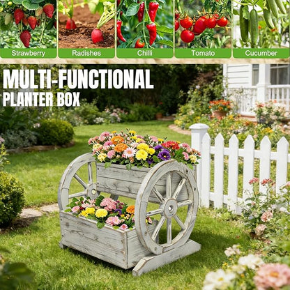 NestNature Wooden Wagon Planter Box|Raised Garden Bed W/Wheels for Plants | 2 Tier Classic Rustic Flower Pot Use Indoor&Outdoor Decor On Patio,Porch,Garden-Outdoor Planter For Flowers,Herbs,Vegetables