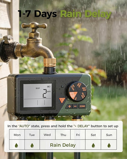 Diivoo Brass 3 Zone Sprinkler Timer, Programmable Hose Timers for Watering | Large Display, Rain Delay & Manual Mode, for Outdoor Automatic Irrigation of Garden, Lawn, Yard