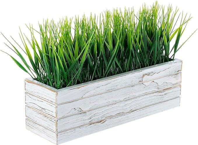 MyGift 14 Inch Artificial Green Grass Plant in Shabby White Washed Wood Planter Window Box - Faux Greenery in Rectangular Crate Style Wooden Container