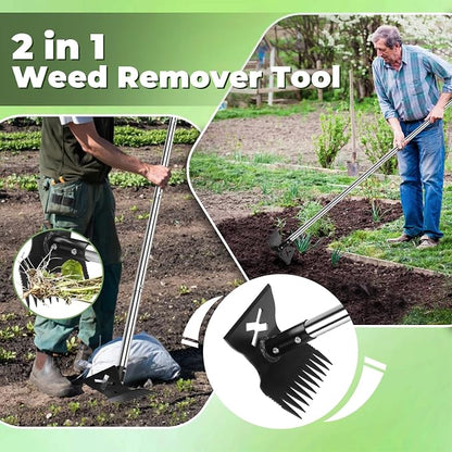 2.0 Weed Puller Tool with Long Handle, 56" Heavy Duty Garden Hoe & 10 Teeth Weed Rake, 2 in 1 Manual Hand Gardening Weeder, Upgraded Weeding Remover Tools for Garden, Yard, Patio, Lawn
