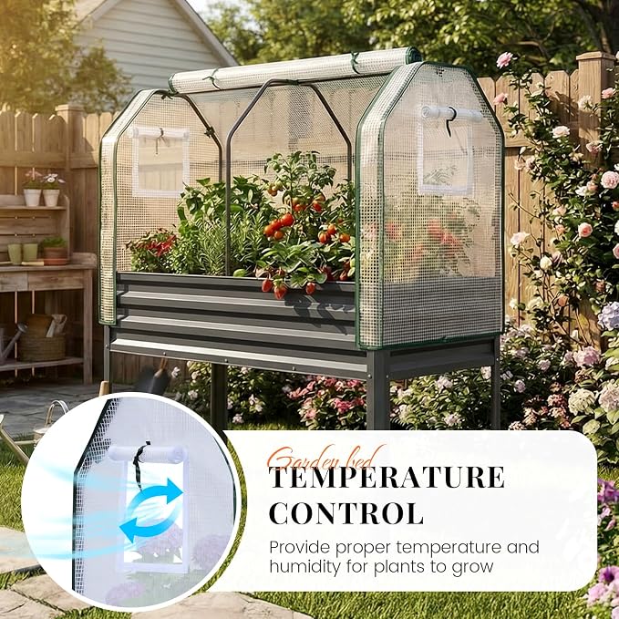 KING BIRD Large Raised Garden Bed with Cover Galvanized Elevated Planter Box with Legs 48×24×56 in for Backyard, Patio, Balcony, 700lb Capacity, Dark Grey