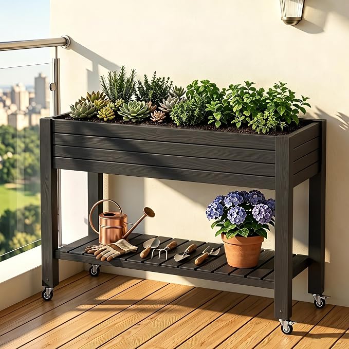 Elevated Resin Raised Garden Bed, 33.7in Height Raised Planter Box with Drainage Holes, Lockable Rotating Wheels & Bottom Storage Shelf, Stake Support, Easy Assembly for Patio Lawn Backyard Balcony