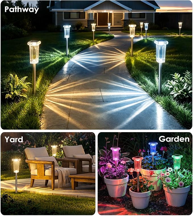 DenicMic Solar Lights Outdoor Waterproof 8 Pack 10 Modes Halloween Decor | 3000K/4000K/6000K/6 Fix Color/Color Changing LED Pathway Yard Garden Walkway Driveway, Acrylic Lampshade Stainless Steel Pole