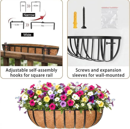 24'' Window Box Railing Planter with Coco Liner,2 Pack Horse Trough Planters Black Metal Hanging Flower Planters Basket for Porch Fence Patio Indoor Outdoor Lawn