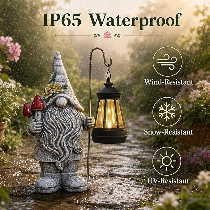 Garden Gnome Statue with Lantern: Outdoor Waterproof Sculpture | Home Yard Lawn Balcony Patio Porch Decorations, Birthday Gifts for Mom Women Grandma