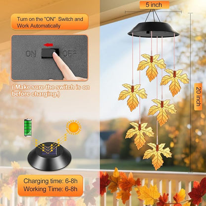 Fall Decor Thanksgiving Decorations Birthday Gifts for Women, Winzwon Solar Lights Outdoor Wind Chimes for Outside Garden Yard Patio Porch Decor Hanging Maple Leafed Halloween Autumn Decorations