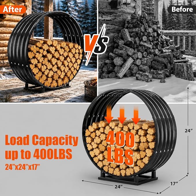 24" Firewood Rack with Roof Cover, Indoor & Outdoor Log Holder Keeps Firewood Dry, Clean & Organized for Fireplace, Patio & Backyard, Heavy-Duty Steel Wood Storage Rack, 400LBS Capacity
