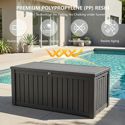 Outdoor Storage Box, 150 Gallon Waterproof Deck Box [Upgraded 3.1], Large Resin Storage with Hydraulic Gas Lifts for Cushions, Heavy Duty Lockable Bench Seat, Backyard Party, Black