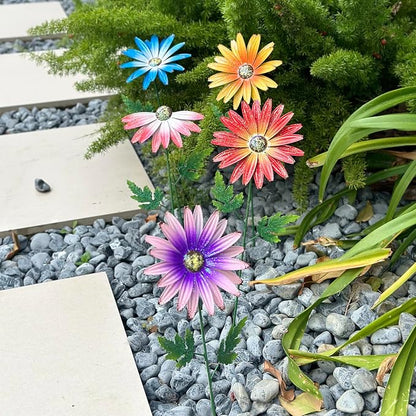Metal Flowers for Outside, 4 Pack Decorative Garden Stakes with Spring Design, 16.5 Inch Handmade Iron Outdoor Metal Garden Decor, Flickering Daisy Yard Art for Patio Lawn