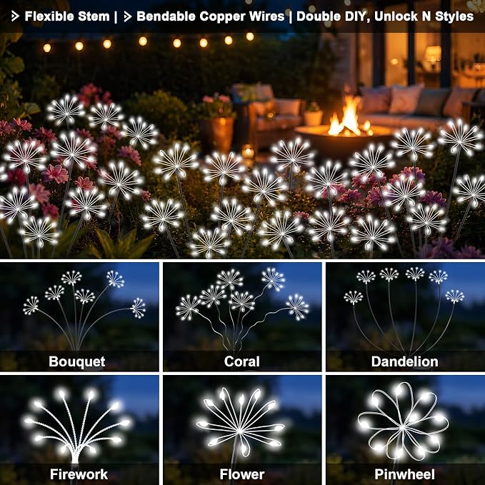 Solar Garden Lights Outdoor, Upgraded Solar Swaying Starburst Light Waterproof with 2 Modes, Solar Fairy Firework Lights for Yard Patio Pathway Flowerbed Balcony Garden Decoration (White, 2 Pack)