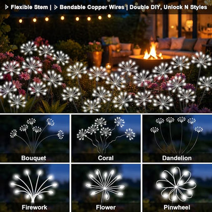 Solar Garden Lights Outdoor, Upgraded Solar Swaying Starburst Light Waterproof with 2 Modes, Solar Fairy Firework Lights for Yard Patio Pathway Flowerbed Balcony Garden Decoration (White, 2 Pack)