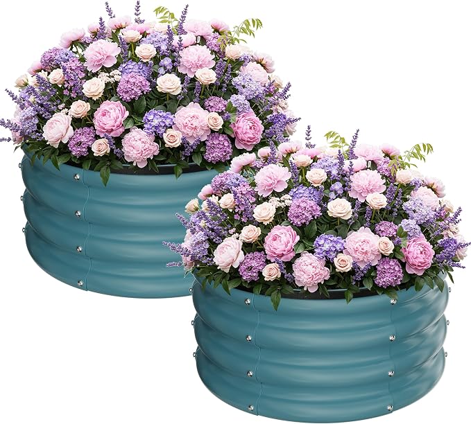 ZXZYHFTY Raised Garden Bed, 0.6 mm Galvanized Steel Round Planter Box with Open Bottom, Metal Raised Garden Bed for Vegetables Flowers Herbs Mailbox Planter Accent, 2 x 2 x 1 FT, 2 Pack Blue