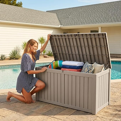Outdoor Storage Box, 180 Gallon Waterproof Deck Box [Upgraded 3.0], Piston-Lift Tall Standing Cabinet for Oversized Cushions, Lockable Deep Tool Organizer Storage Bench, Large Lawn, Grey