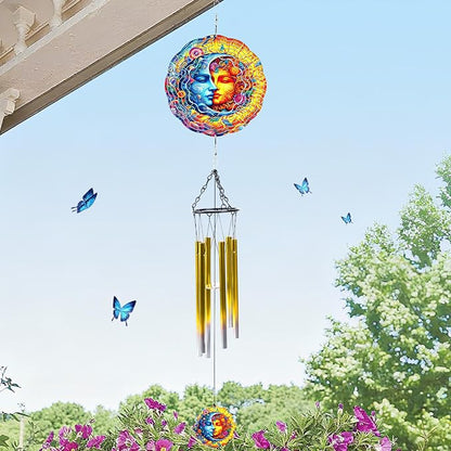 Celestial Sun Moon Wind Chime, Hanging Wind Spinner Gift for Women Mom, Stainless Steel Outdoor Garden Patio Porch Décor