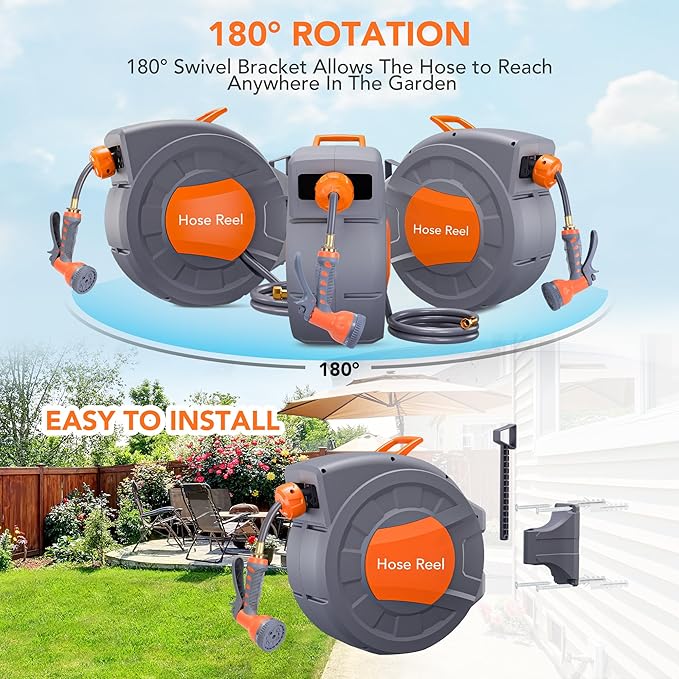 GarveeLife Garden Hose Reel - Water Hose Reel with 100 ft x 1/2 in Retractable Garden Hose, 9 Function Sprayer Nozzle, Effortless Automatic Rewind, 180° Swivel Wall Mount, Hose Reel Wall Mount