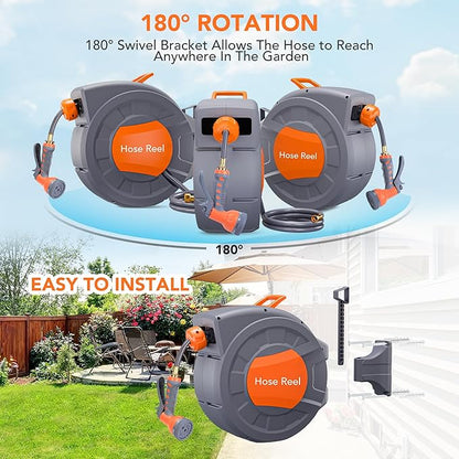 GarveeLife Garden Hose Reel - Water Hose Reel with 100 ft x 1/2 in Retractable Garden Hose, 9 Function Sprayer Nozzle, Effortless Automatic Rewind, 180° Swivel Wall Mount, Hose Reel Wall Mount