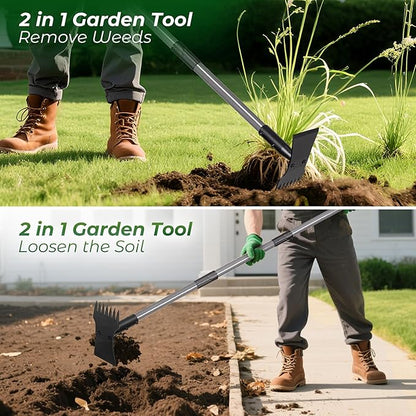 Walensee 2-in-1 Weed Puller Tool and Garden Hoe, Long Handle Weed Rake | Durable 3.5mm steel head, 64-inch adjustable handle. Ergonomic design relieves back strain while removing deep-rooted weeds.