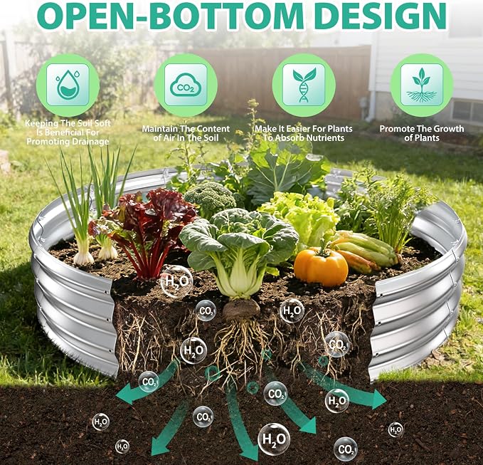 12 Inch Tall 72 Inch Diameter Round Silver Raised Garden Bed Kits Outdoor | 1 FT Tall,6 FT Planter Bed for Flowers,Herbs,Vegetables,Trees,0.8MM Thick Galvanized Metal Painted,with Gloves,Tool free