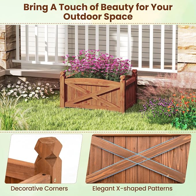 Giantex 2 Pcs Raised Garden Bed, Wooden Planter Box Outdoor, 25”x 16”x 15" Rectangular Garden Bed for Vegetables Flower Herb Fruit