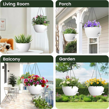 2 Pack 12 Hanging Flower Pots with Chains - Self Watering Plastic Planters for Indoor & Outdoor Plants, Sturdy Triangular Iron Chain Design for Garden PorchPlastic Hanging Flower pots (White)
