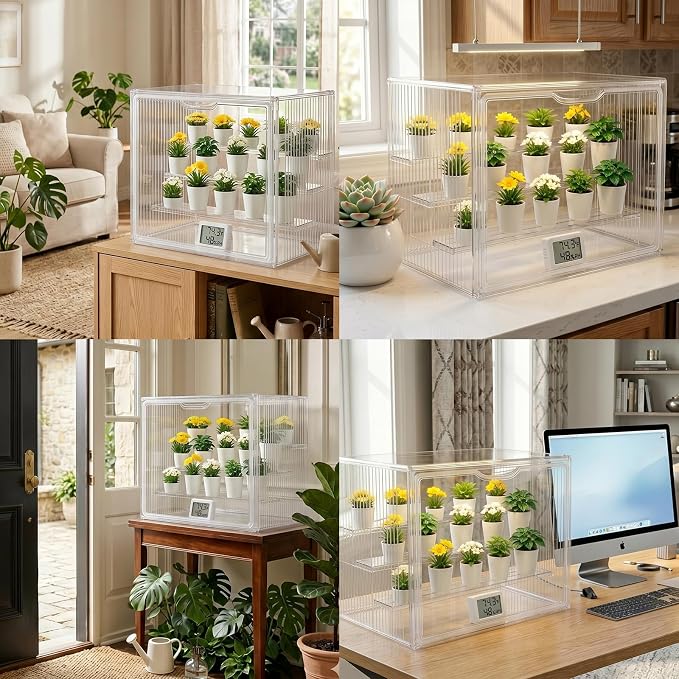 Clear Mini Greenhouse Indoor, Small Portable Tabletop Greenhouse with Indoor Greenhouse Door Thermometer and Hygrometer for Seed Starting, Plant Cabinet Grow Warmer and Home Gardening Display