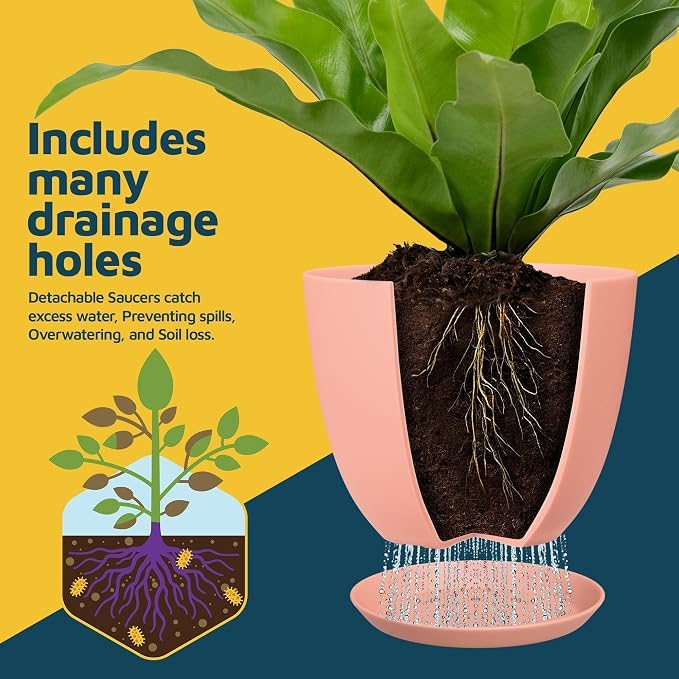 Pink Plant Pots with Drainage Holes & Saucers 3 Pack, Indoor & Outdoor Stackable Space-Saving Planters for Houseplants & Flowers, (7", 6.7", and 6" Inches), Durable & Weatherproof Materials
