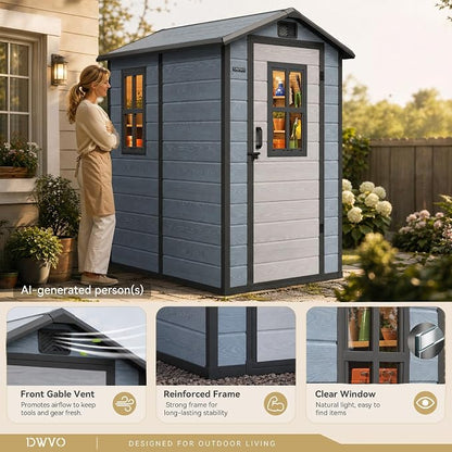 DWVO Outdoor Storage Shed 4.4×6FT, Plastic Garden Resin Shed with 2 Windows, Reinforced Floor, Door Handle, Door Lock & Vents, Outdoor Tool Shed for Backyard Patio, Stores Bike Garden Tools, Blue-Gray