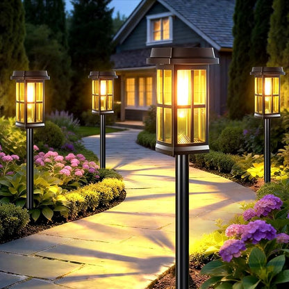 Garpar Solar Pathway Lights Outdoor 4 Pack, Window-Style with Metal Pole | 3500K Warm White, 2 Lighting Modes, Up to 18hrs Runtime, IP65 Waterproof, Ideal for Yard, Walkway, Driveway, Patio