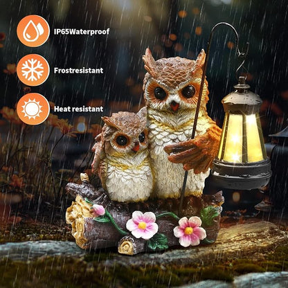 Garden Owls Statue with Solar LED Lantern, Wisdom Statue Gift for dad Yard Art, Whimsical Figurine Sculpture Lighted Outdoor father's Day, Spring Decorations for Lawn, Porch,2026 Gradulation Gift