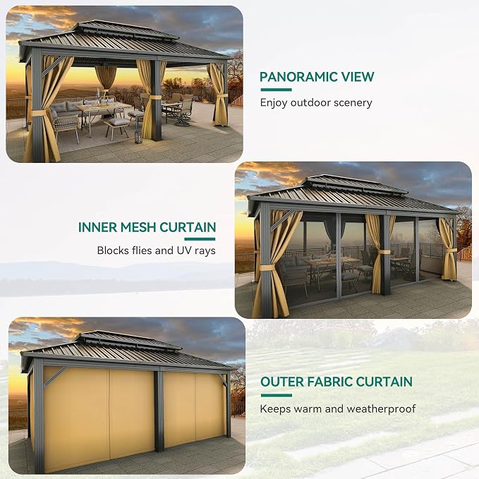 YITAHOME 12x18ft Gazebo Double Roof Hardtop Canopy Outdoor Heavy Duty w/Nettings and Curtains, Upgraded Aluminum Column Galvanized Steel Vertical Stripes Roof for Patio, Backyard, Deck, Lawns, Brown