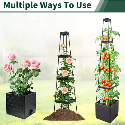 Tomato Planter with Trellis, 57 Inch Self-Watering Planter Box 2-Pack, Grey Planter with Metal Support for Outdoor Indoor Climbing Plants