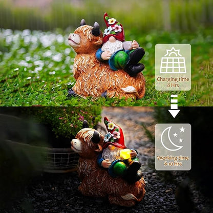 Pohabery Garden Gnomes Decor Outdoor Statues Gnome on Highland Cow Hold Solar Cup Light Outdoor Decorations for Patio,Yard and Gift for Mom（L