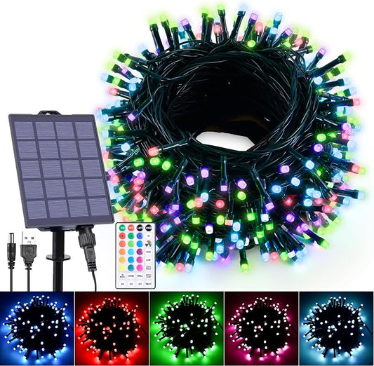 59Ft Solar String Lights Outdoor Waterproof, 18 Colors Changing 150 LED Christmas Lights Solar Powered & USB with Remote, Multicolor Fairy Lighting for Outside Tree Yard Indoor Halloween Decor