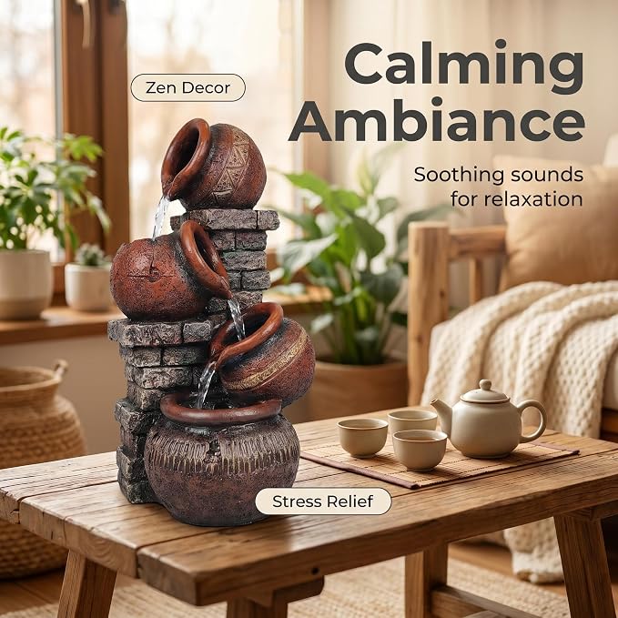 Indoor Desktop Fountain with Led Light - Layered Rock Waterfall Fountain, 13.77 x 5.9 x 5.9 inches, Silent Tabletop Water Feature Decor for Relaxation