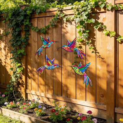 ULENDIS 4 Pack Metal Hummingbird Wall Art Decor, 3D Colorful Outdoor Wall Art Fence Decorations for Patio and Yard, Wall Sculpture Hanging Decor for Garden Living Room Balcony (C)
