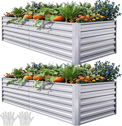 YITAHOME 6x3x2ft 2pcs Large Raised Garden Bed Kit, Galvanized Metal Planter Box with Gloves, Ground Nails, Support Rod, Outdoor Above Ground Planters for Plants Vegetables Flowers, Silver